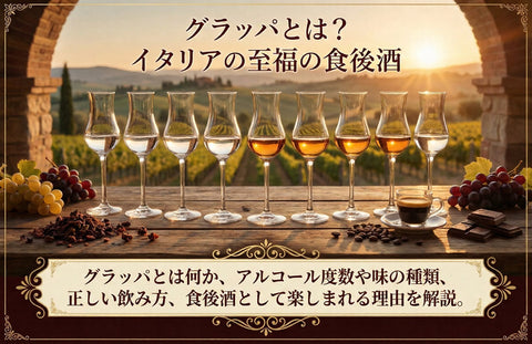 グラッパのボトルと小ぶりのグラス イタリアの食後酒