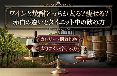 赤ワインのグラスと焼酎の瓶を並べた比較写真