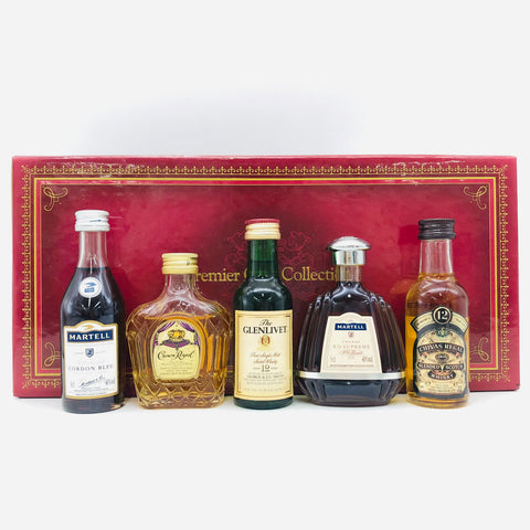 マーテル コルドンブルー、XOシュプリーム、クラウンローヤル、グレンリベット12年、シーバスリーガル12年のミニチュア50ml 5本セット。