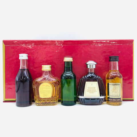 マーテル コルドンブルー、XOシュプリーム、クラウンローヤル、グレンリベット12年、シーバスリーガル12年のミニチュア50ml 5本セット。