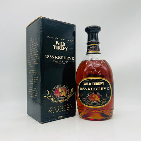ワイルドターキー1855リザーブ750ml。濃厚なキャラメルとオーク香が特徴のプレミアムバーボンで、深い琥珀色と重厚な味わいの限定ボトル。110.0°(55％)