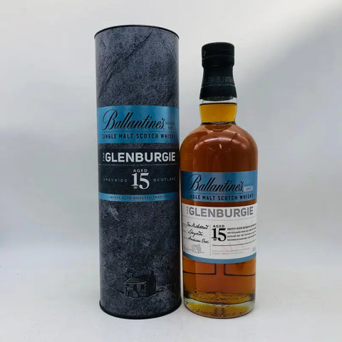 バランタイン シングルモルト グレンバーギー 15年のボトルと筒状パッケージ。