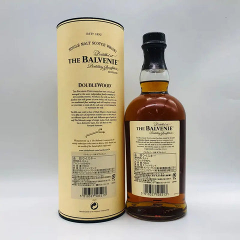 ザ・バルヴェニー12年 ダブルウッドのボトルと筒型パッケージの画像